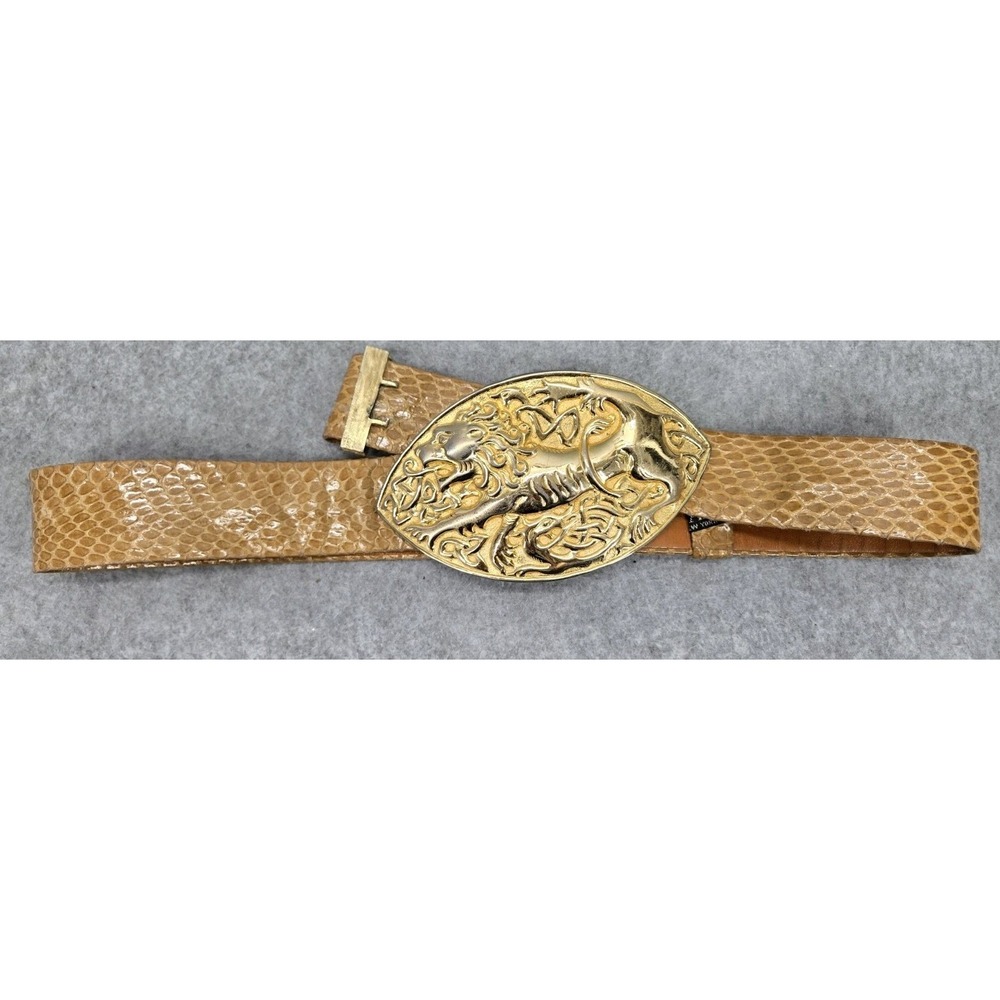 Vintage Alexis Kirk Brown Snakeskin Adjustable Belt w/ Gold Tone Big Buck 1980s